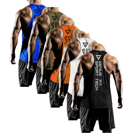 Genius Store 5'li Paket Erkek Dry Fit Y-Back Gym Fitness Sporcu Atleti Genıus-Fıt5(Siyah-Beyaz-Füme-Lacivert-Turuncu)