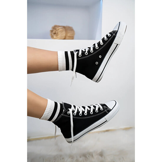 Maika  Siyah Beyaz Convers Uzun Bilekli Model Sneaker Spor Ayakkabı