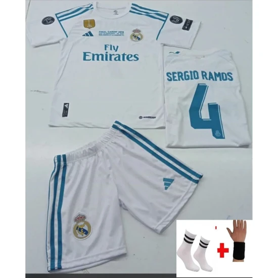 Sidas 2018 Real Madrid Sergio Ramos Şampi?yonlar Ligi Beyaz Çocuk Futbol Forması 4 Lü Set Retro GHJG789