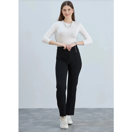 ModaFia Cropbu Full Likralı Yüksek Bel Çimalı Rahat Kesim Boru Paça Kadın Siyah Palazzo Pantolon