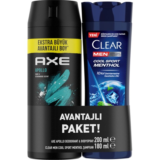 Axe Erkek Sprey Deodorant Apollo 200 ml + Clear Men Saç Bakım Şampuanı Cool Sport Menthol 180 ml