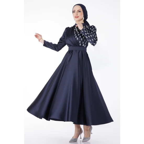 Tofisa Düz Hakim Yaka Kadın Lacivert Işlenmiş Taş Detaylı Abiye Elbise - 24904