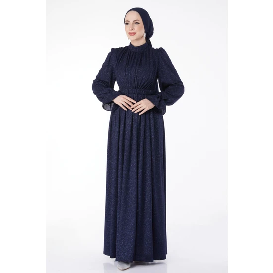 Tofisa Düz Orta Kadın Lacivert Simli Kemerli Abiye Elbise - 25058