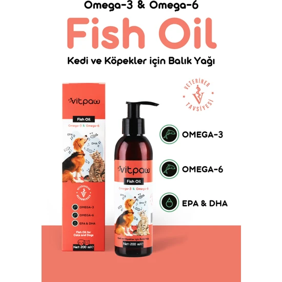 Fish Oil 200ML. Kedi & Köpekler Için Omega 3-Omega 6 Balık Yağı (Kalp, Beyin ve Tüy Sağlığı)