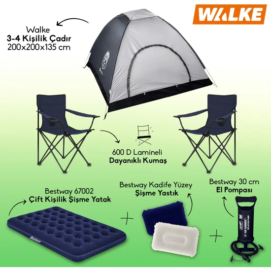 Walke Lüks Kamp Seti 4 Kişilik Çadır+ Çift Kişilik Yatak+ 2 Sandalye + Pompa+ 2 Yastık