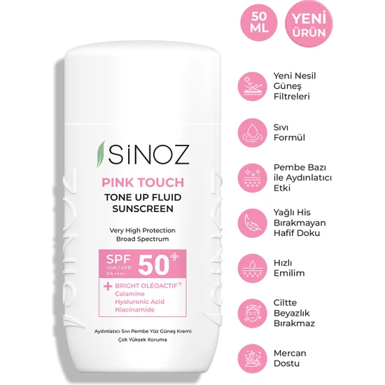Sinoz SPF50+ Pink Touch Aydınlatıcı Fluid Güneş Kremi - Yeni Nesil Güneş Filtreleri Ile Hibrit Formül 50ML