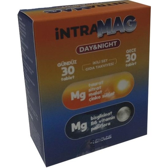 Intramag 30 + 30 Tablet Gündüz ve Gece İçin Magnezyum, Çinko ve Vitamin B6 İçeren Takviye