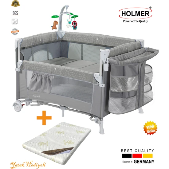 Holmer Kids Holmer Maxi Comfort Coolstyle (Anne Yanı-Deluxe Kumaş) Premium Oyun Parkı Gri + Aloevera Yatak 70X110CM