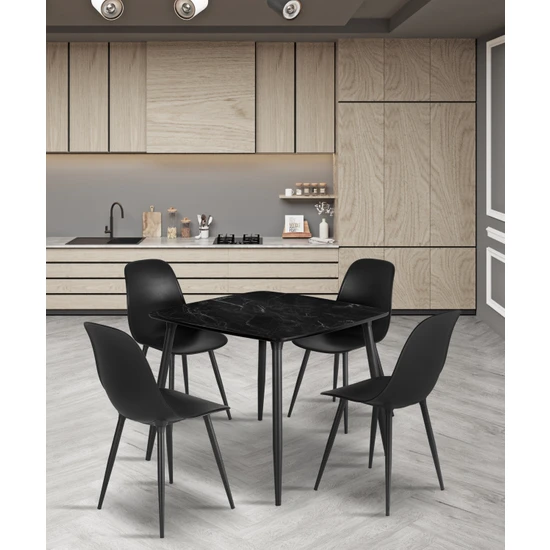 Estelia Yemek Masası Mutfak Masası 90X90 cm Metal Ayaklı Siyah Masa, 4 Adet Abant Metal Ayaklı Sandalye