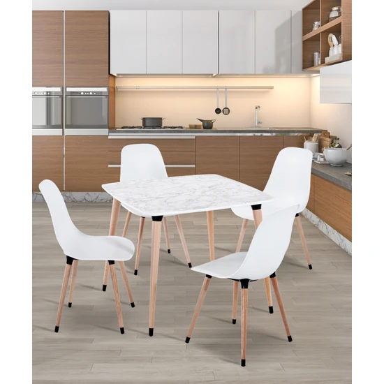 Estelia Yemek Masası Takımı Mutfak Masası 90X90 cm Ahşap Ayaklı Beyaz Masa 4 Adet Abant Beyaz Sandalye