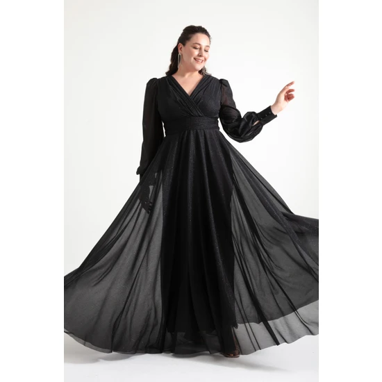 Lafaba Kadın Siyah V Yaka Simli Uzun Büyük Beden Abiye Elbise