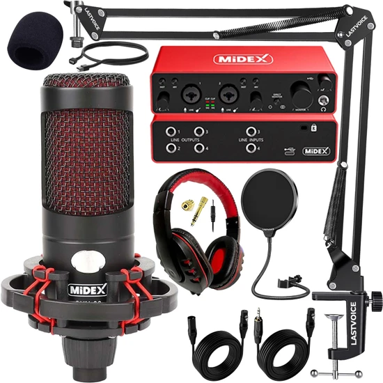 Midex Functional Paket-2 Stüdyo Ekipmanları Mikrofon 4 Çıkış Ses Kartı Full Set