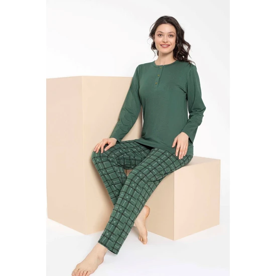 Bie's KADIN-Çift Sevgili Eş Kombini Yeşil Ekose Desen Modal Uzun Kol Pijama Takımı-Tek Ürün Fiyatıdır-