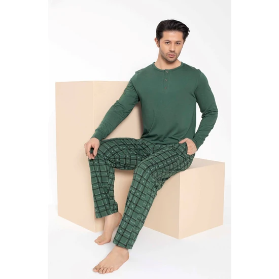 Bie's Çift Sevgili Eş Kombini  Yeşil Ekose Desen Modal Uzun Kol Pijama Takımı-Tek Ürün Fiyatı-