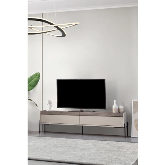 Milvaki Tv Ünitesi, Tv Sehpası, Bej, Metal Ayaklı, Beskar Tv Kumtaşı