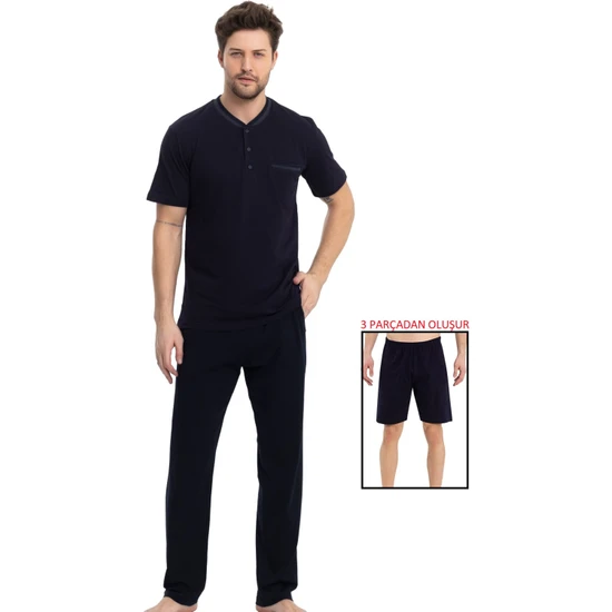 Bie's Erkek Düğmeli %100 Pamuk Kısa Kol Göğüs Cepli 3'lü Pijama Takımı ( 3 Parça Çeyizlik Ürün)