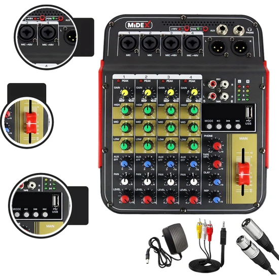 Midex MDX-04FXU Ses Mikseri Stüdyo Kayıt Için 4 Kanal Ses Kartlı +48V Phantomlu Kayıt Mikseri
