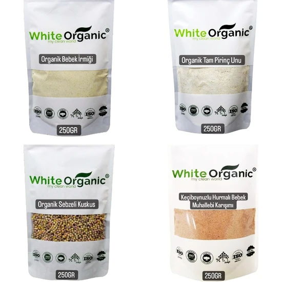 White Organic Organik Bebek Ek Gıda Seti Bebek Irmiği-Tam Pirinç Unu-Sebzeli Bebek Kuskus-Hurmalı Muhallebi 6 Ay Üzeri