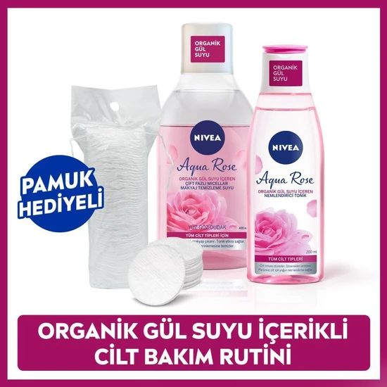 Aqua Rose Micellar Çift Fazlı Makyaj Temizleme Suyu 400ML ve Nemlendirici Tonik 200ML, Pamuk Hediye