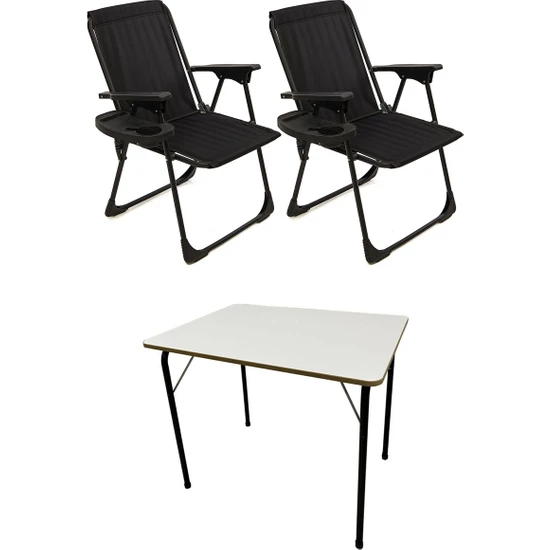 Moniev 2 Adet Kamp Sandalyesi Katlanır Piknik Sandalye Oval Bardaklıklı Siyah + MDF Masa