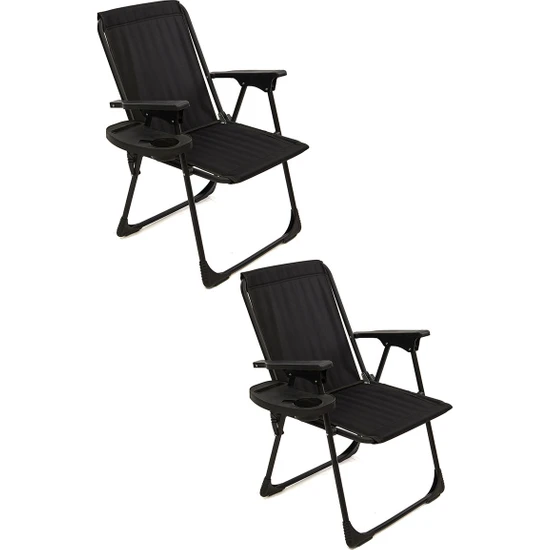 Moniev 2 Adet Kamp Sandalyesi Katlanır Piknik Sandalye Oval Bardaklıklı Siyah