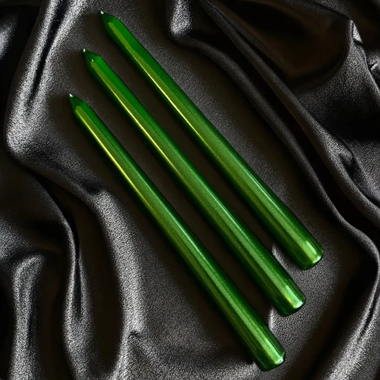 Metalik Yeşil Şamdan Mum - Konik - Kokusuz - 3'lu - Metalik Parlak Renk - 2,2*25 cm