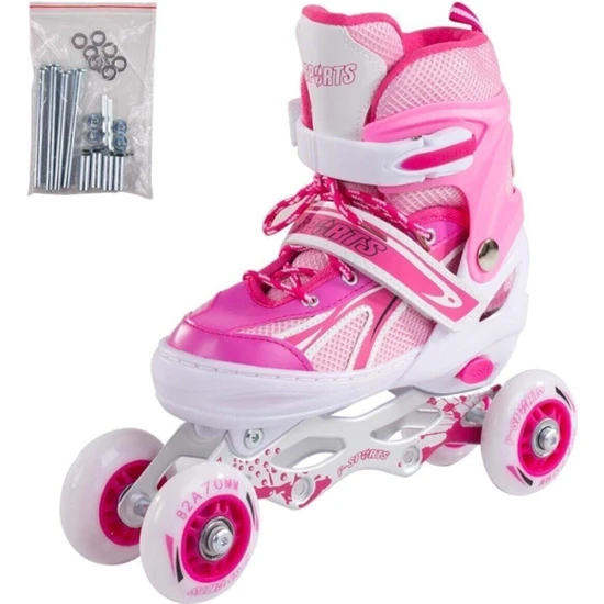 Furkan Toys Pembe F-Sports Pembe Ayarlabilir 2+2 Işıklı Metal Alıştırma Pateni Çanta Çocuk Pateni Tek Sıra 4