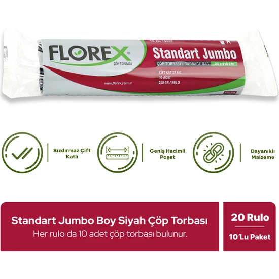 Florex Standart Jumbo Boy Siyah Çöp Poşeti X 20 Rulo / 1 Koli
