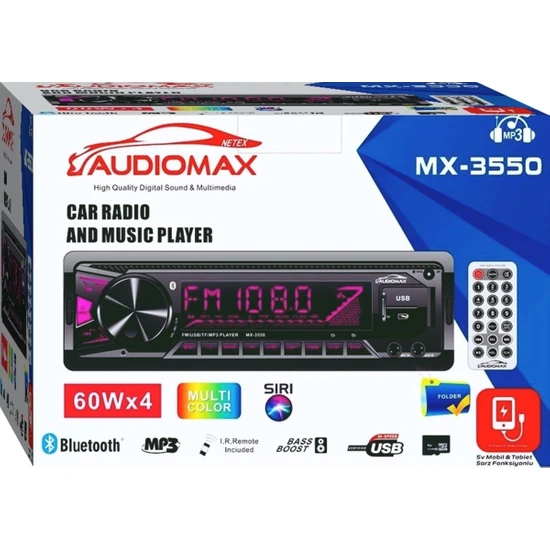 Audiomax 2 Yıl MX-3550BT Çift USB Araba Oto Teyp Radyo Bluetooth USB Aux Rgb Tuş Işığı 4*60 (Yeni Kutu) Blue