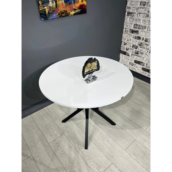 Hey Modüler Mobilya Sedef Yuvarlak Mutfak Masası Yemek Masası Balkon Masası Metal Siyah Ayak 100 cm