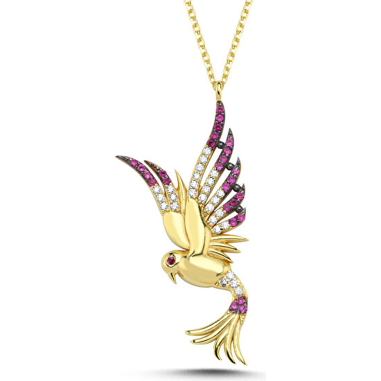 Kayra Mücevher Prenses Fuşya Taşlı Anka Kuşu Altın Kaplama Kolye