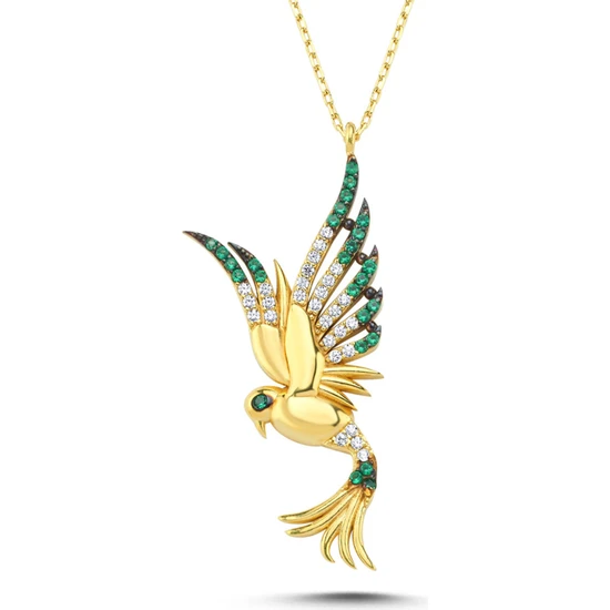Kayra Mücevher Prenses Yeşil Taşlı Anka Kuşu Altın Kaplama Kolye