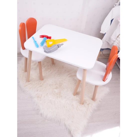 Alfa Country Montessori Çocuk Çalışma Masası Takımı: 1 Beyaz Masa & 2 Turuncu Bunny Sandalye