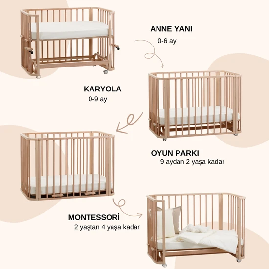 Ege Baby Doğal Ahşap 4 in 1 Beşik Takım (BL) Fonksiyonel-Anneyanı, Karyola, Oyunparkı, Montessori 70x110