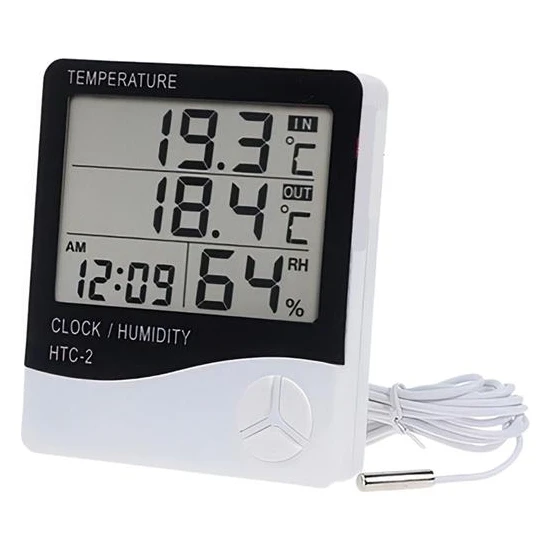 Go İthalat Iç ve Dış Ortam Sıcaklığını Ölçebilen LCD Ekran Saat Göstergeli Alarmlı Nem Ölçer Termometre (2818)