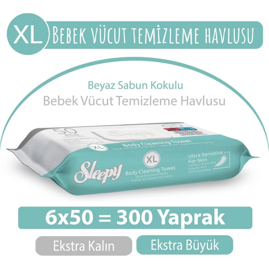 Sleepy Xl Beyaz Sabun Kokulu Bebek Vücut Temizleme Havlusu 6X50 (300 Yaprak)