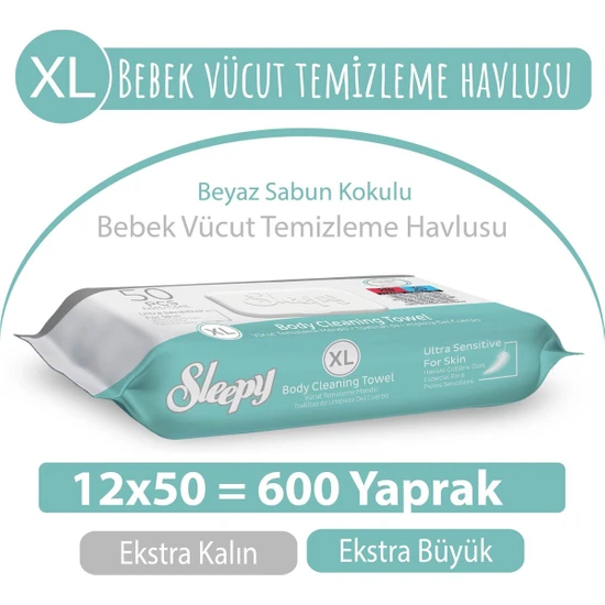 Sleepy Xl Beyaz Sabun Kokulu Bebek Vücut Temizleme Havlusu 12X50 (600 Yaprak)