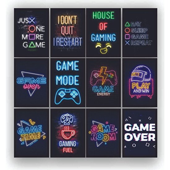 Tablox 12 Parça Neon Game Oyuncular Için Çerçeve Görünümlü Mdf Tablo Duvar Süsü Hediyelik Eşya Gamer Gaming