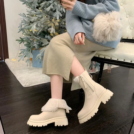 Lebeigo Yaka Artı Kadife Pamuk Çizmeler Kadın Hakiki Deri Kar Botları Iki Pamuklu Ayakkabı Kalınlaşmış Tüylü Kısa Çizmeler Kalın Tabanlı Martin Çizmeler (Yurt Dışından)