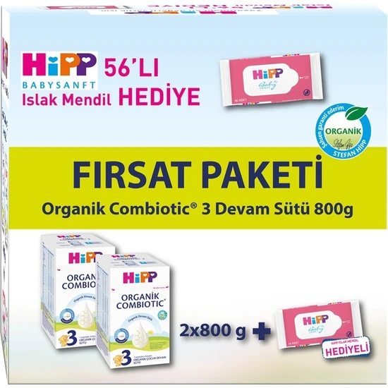 Hipp 3 Organik Bebek Sütü Combiotic 800 gr x 2 Adet Avantaj Paketi (Islak Mendil Hediyeli)