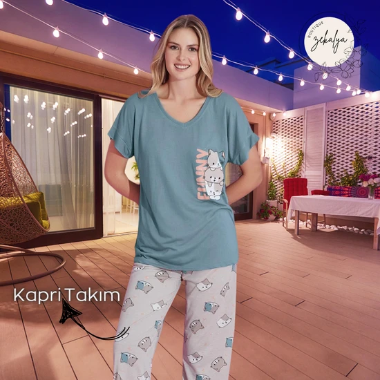 eQru Kadın Kısa Kollu Pijama Takımı - Kapri