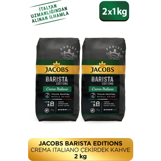 JACOBS Barista Editions Çekirdek Kahve Crema Italiano Yüksek Yoğunluk Yavaş Kavrum 1kg X 2 Paket