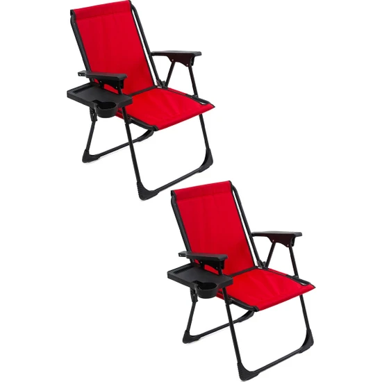Moniev 2 Adet Kamp Sandalyesi Katlanır Piknik Sandalye Dikdörtgen Bardaklıklı Kırmızı