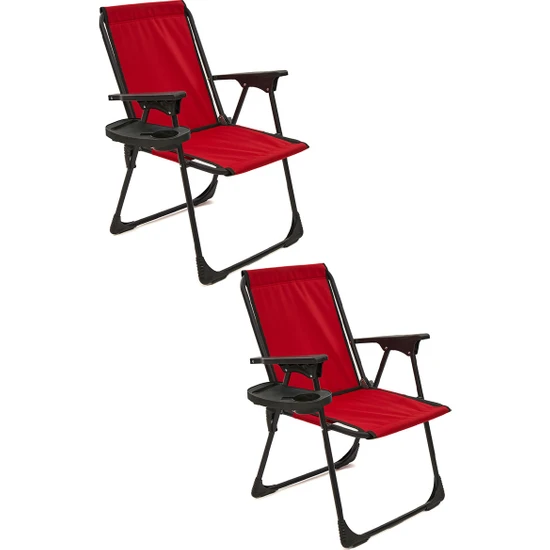 Moniev Natura 2 Adet Kamp Sandalyesi Katlanır Piknik Sandalye Oval Bardaklıklı Kırmızı