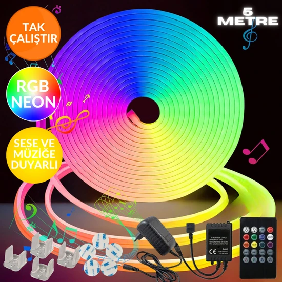 Neeko Neon Rgb LED - Sese Müziğe Duyarlı Kumandalı -Çok Renkli - 5 Metre -