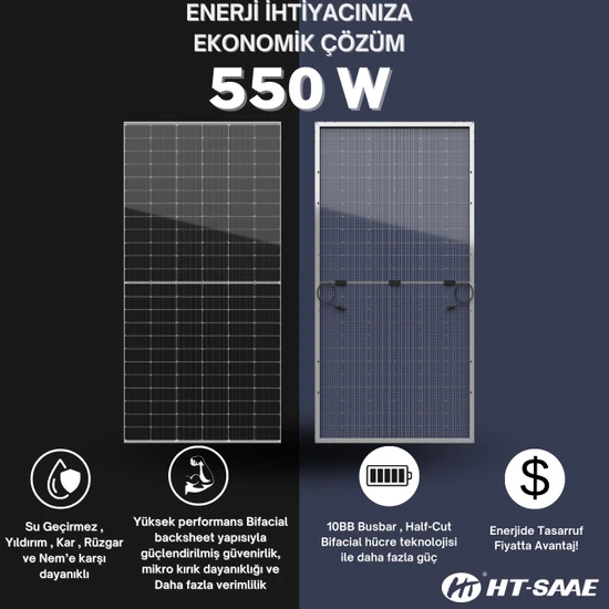 HT-SAAE HT72-18X Transparan Şeffaf 550 Watt Güneş Enerji Paneli Half-Cut Monokristal Yüksek Verimli Bifacial Hücre