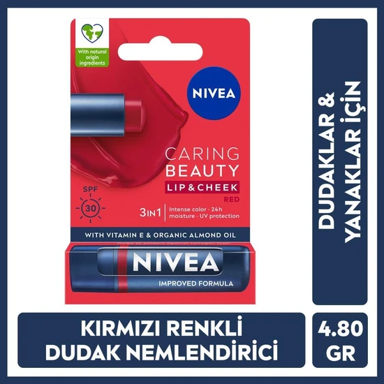 Nivea Renkli Dudak Bakım KREMI,KIRMIZI,4,8GR,NEMLENDIRME,SPF30,DOĞAL Yağlar,e Vitamini,dudak ve Yanak Için