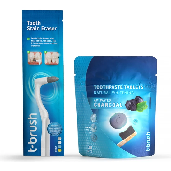 T-Brush Beyazlatıcı ve Diş Silgisi & Beyazlatıcı Aktif Karbonlu Diş Macunu Tableti