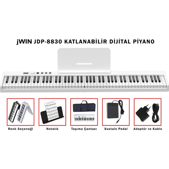 Jwin JDP-8830 Katlanabilir Bluetooth + Şarjlı Piyano - Beyaz