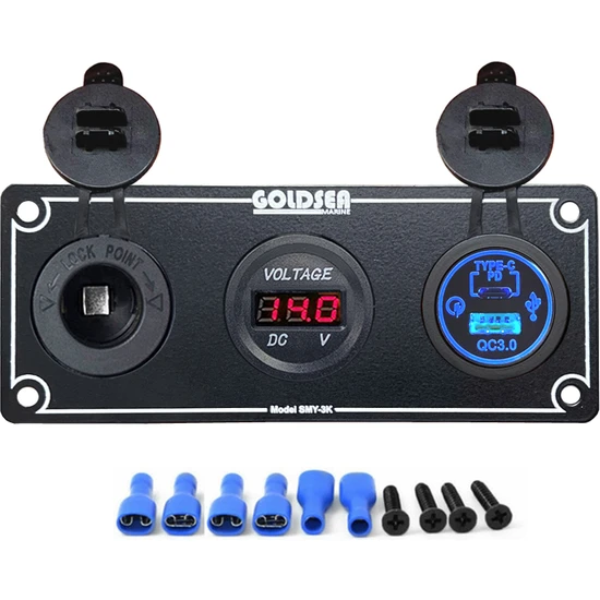 Goldsea Marin Şarj + Voltmetre + USB 3.0 Type-C Soketi Metal Çerçeveli 12-24V 60X160MM